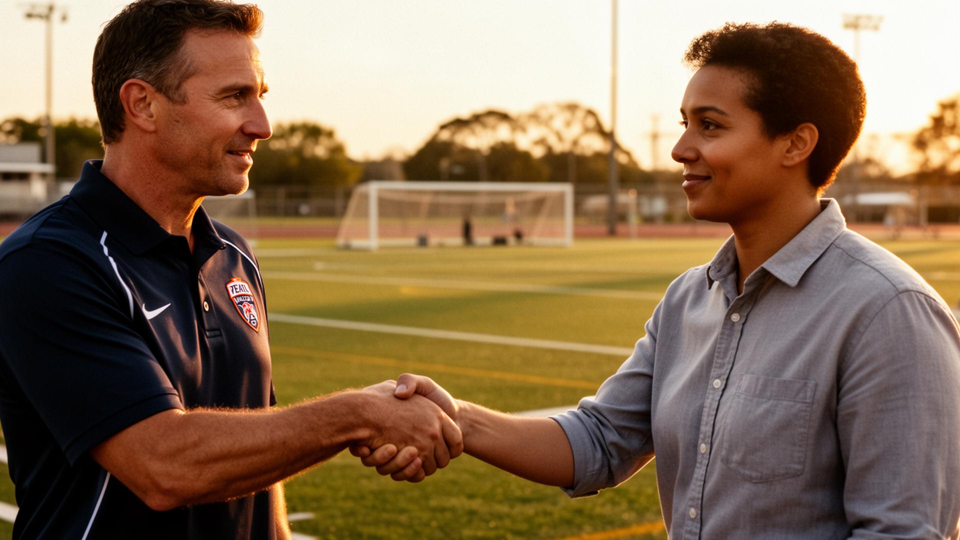 A coach and a local business owner shaking hands at the field